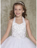 White Beaded Glittering Tulle Halter Flower Girl Dress White Beaded Glittering Tulle Halter Flower Girl Dress